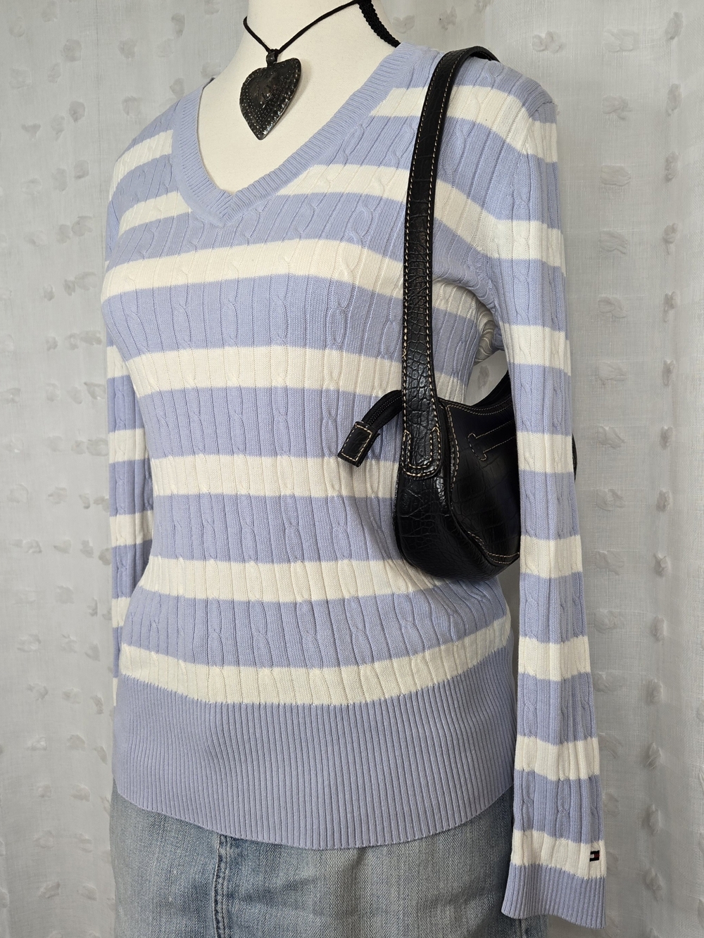 Tommy Hilfiger Light Blue and White Striped V-Neck Sweater